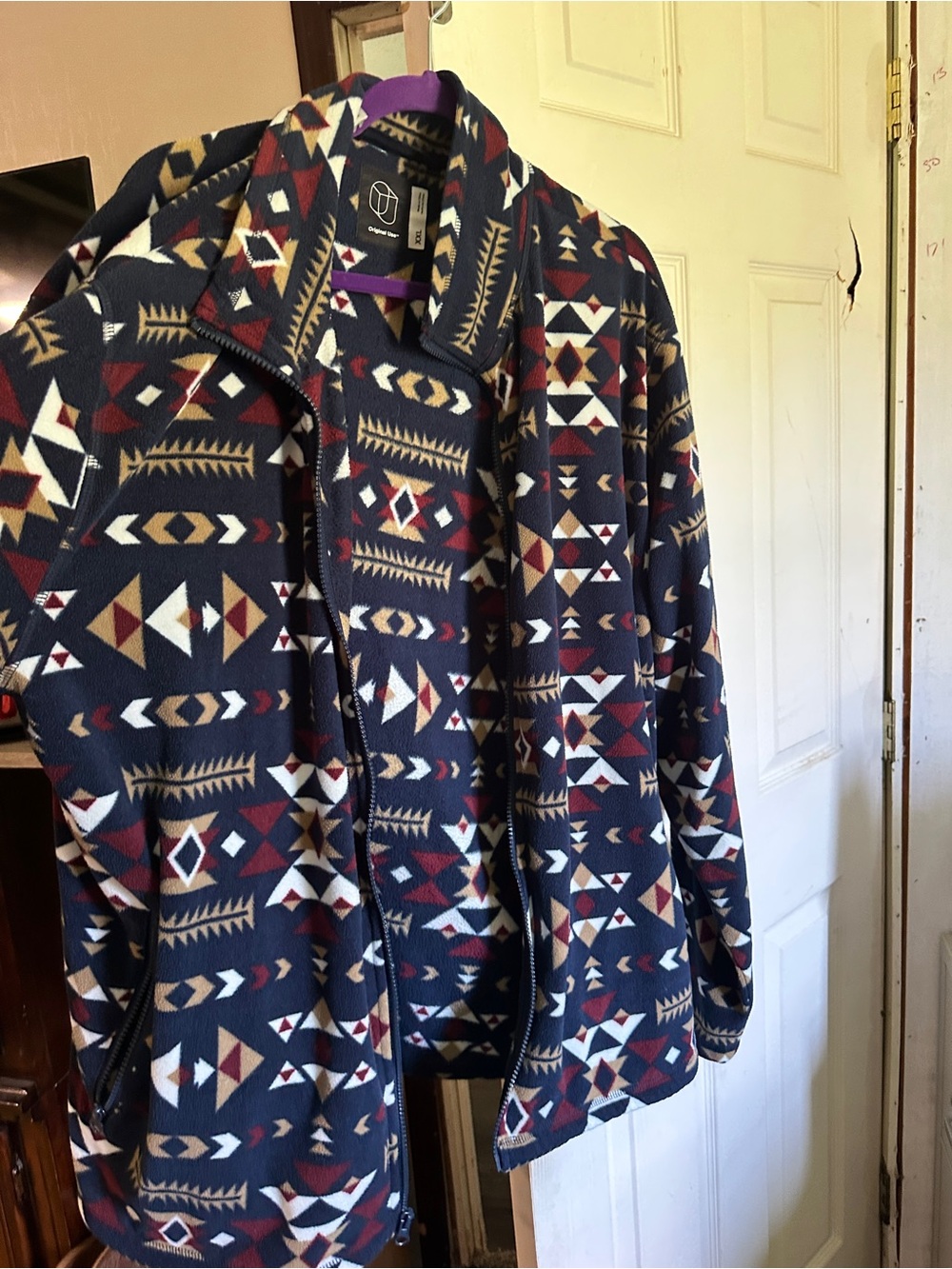 Original Use Navy Aztec Fleece Jacket with Red & Cream Accents